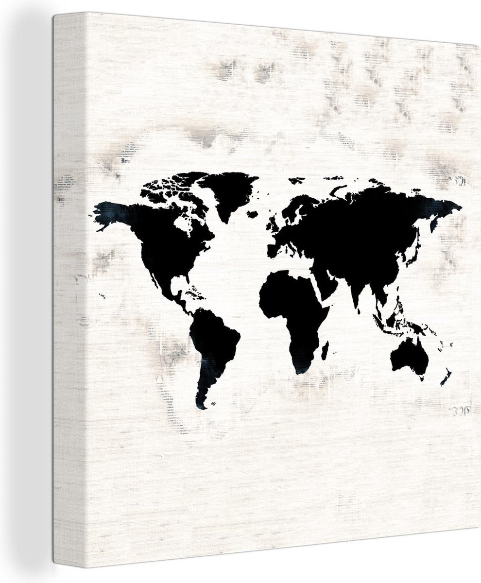 Afbeelding van product OneMillionCanvasses  Canvas Wereldkaart - 50x50 - Wanddecoratie Wereldkaart - Zwart - Hout