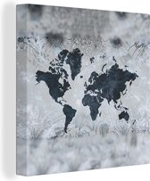 Canvas Wereldkaart - 50x50 - Wanddecoratie Wereldkaart - Blauw - Bloemen