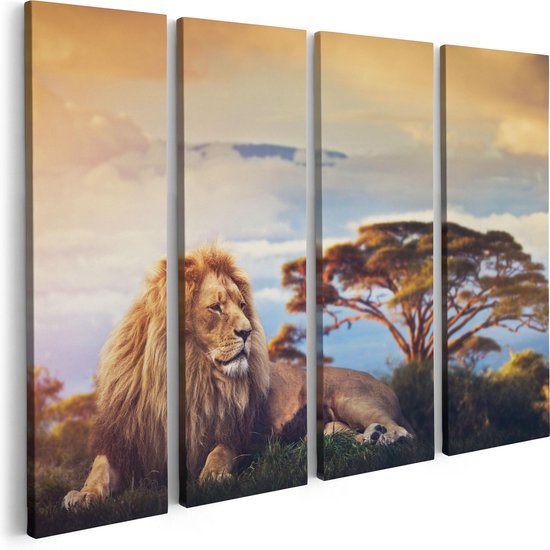 Artaza Canvas Schilderij Vierluik Leeuw Tijdens Zonsondergang - 80x60 - Foto Op Canvas - Canvas Print