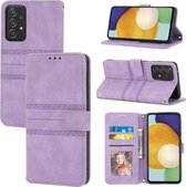 Voor Samsung Galaxy A52 5G/4G Reliëf Gestreepte Magnetische Gesp PU + TPU Horizontale Flip Lederen Case met Houder & Kaartsleuf & Portemonnee & Fotolijst & Sling (Paars)