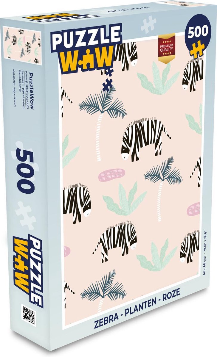 Afbeelding van product PuzzleWow  Puzzel Zebra - Planten - Roze - Legpuzzel - Puzzel 500 stukjes
