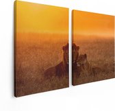 Artaza Canvas Schilderij Tweeluik Leeuw En Leeuwin Tijdens Zonsondergang - 120x80 - Foto Op Canvas - Canvas Print