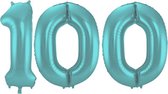 De Ballonnenkoning - Folieballon Cijfer 100 Aqua Metallic Mat - 86 cm