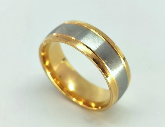 RVS - goudkleurig - ring - maat 21 - brede geborsteld Zilver Kleur middenin en beide zijkant goud glanzend strookje.