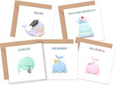 Walvis pun wenskaart - set van 5 - gelegenheidskaarten - wenskaarten geboorte/huwelijk/beterschap/geslaagd - kaarten inclusief enveloppen