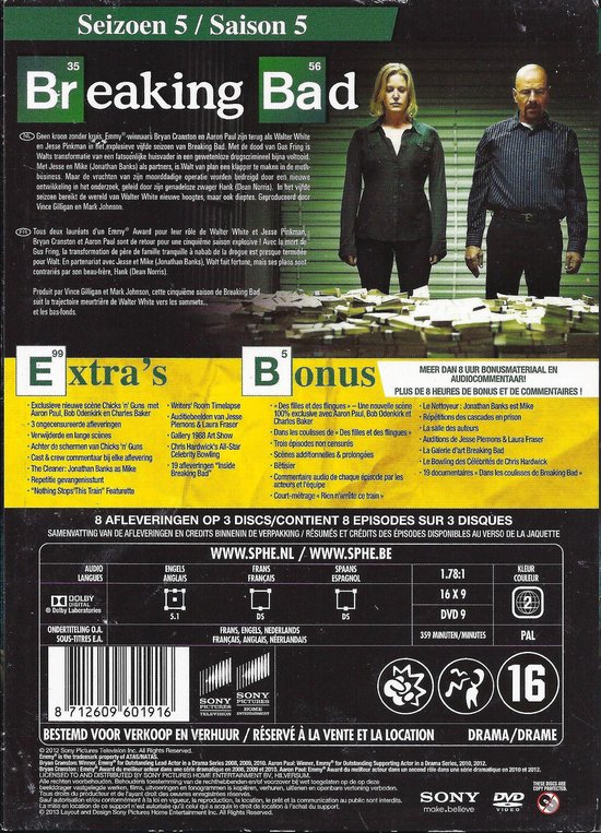 Cover van Breaking Bad seizoen 5 met tekst "Breaking Bad Seizoen 5 / Saison 5" en informatie over de DVD-inhoud.