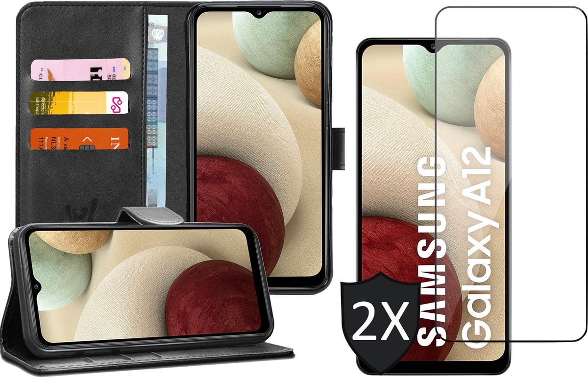 Hoesje geschikt voor Samsung A12 - 2x Screen Protector - Zwart Book Case