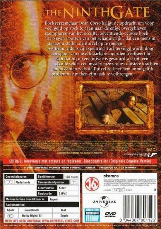 Achterkant van de "The Ninth Gate" DVD hoes met tekst en een close-up van een oog.