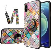 Geschilderd etnisch patroon van gehard glas TPU schokbestendig hoesje met opvouwbare magnetische houder en nekriem voor iPhone XS Max (geruit)