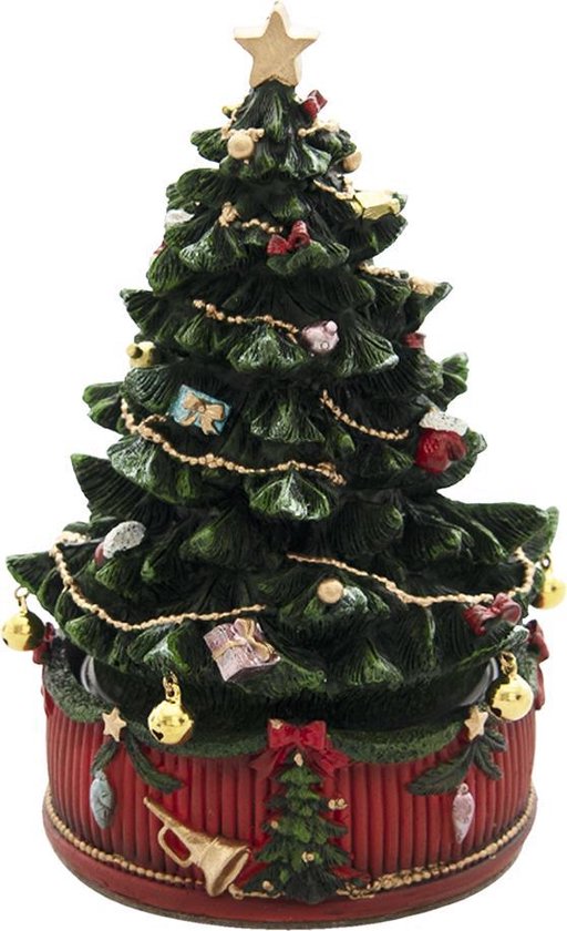 Clayre & Eef Muziekdoos Kerstboom Ø 12x18 cm Groen Bruin Polyresin Kerstdecoratie Beeld