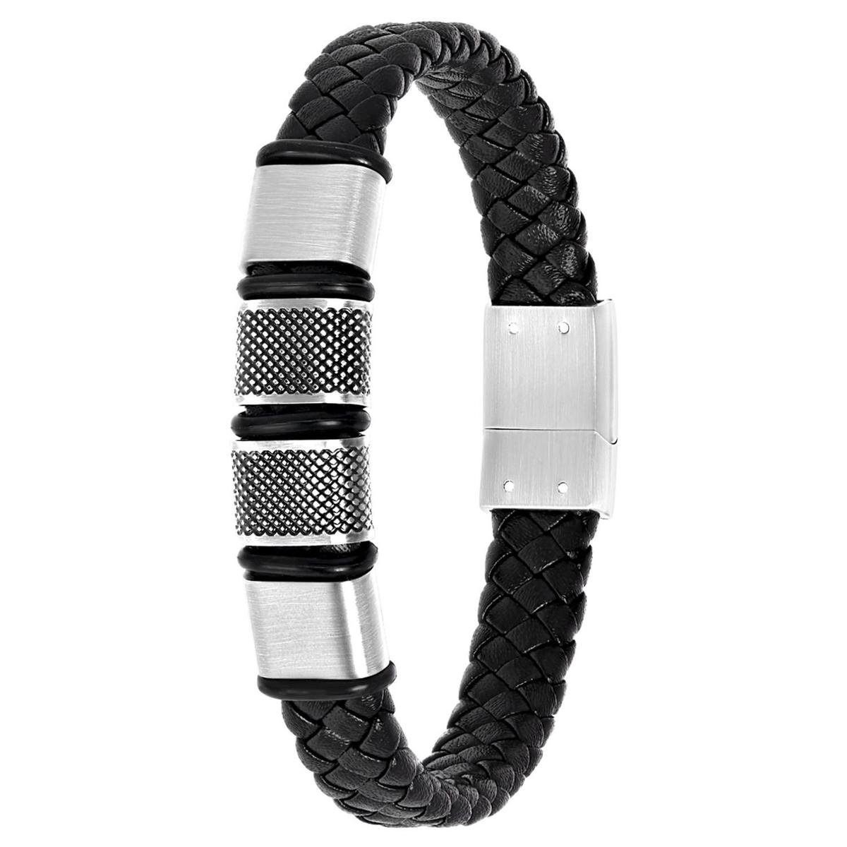 Lucardi Heren Armband met gevlochten zwart leer - Leer - Armband - Vaderdag Cadeautje - 19 cm - Zwart