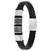 Lucardi Heren Armband met gevlochten zwart leer - Leer - Armband - Cadeau - Vaderdag - 19 cm - Zwart