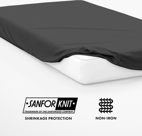 Grijze hoeslaken op een matras met de tekst 'Sanfor Knit' en 'Non-iron'.