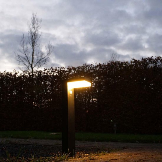 Zwarte staande tuinlamp met bewegingssensor en witte ledverlichting, verlicht een tuinpad bij schemering.