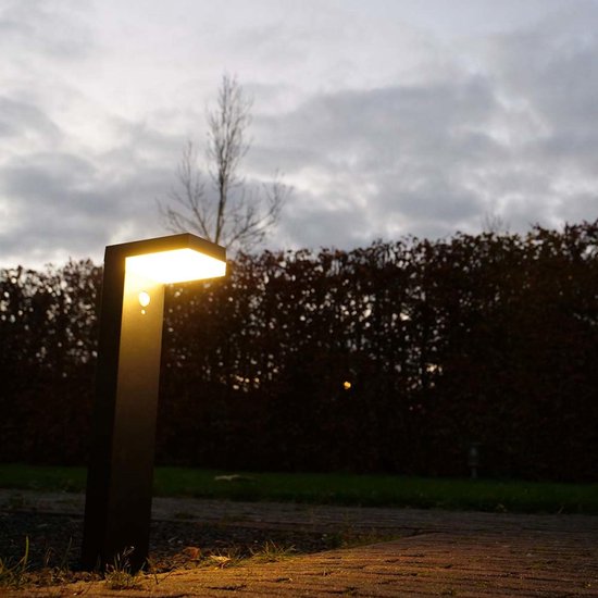 Zwarte staande tuinlamp met bewegingssensor en witte ledverlichting, verlicht een tuinpad bij schemering.