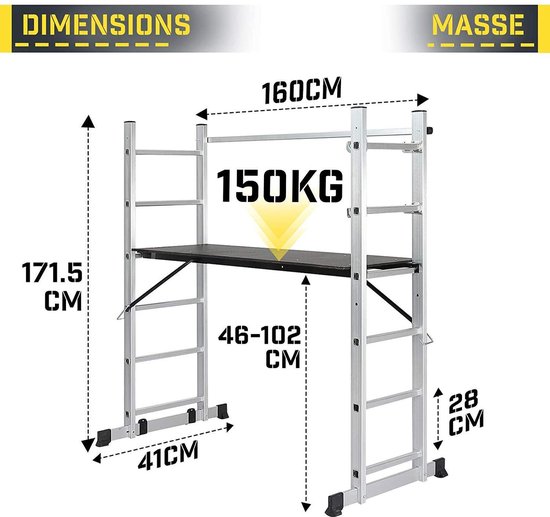 Steiger – Werkhoogte Max. 300 cm, maximale belasting 150 kg – Aluminium multifunctionele ladder, ladder, steiger, werksteiger, werkplatform, multifunctionele ladder, werkplatform