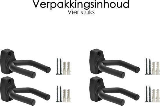 Verpakking van vier zwarte gitaarhangers met schroeven en pluggen.