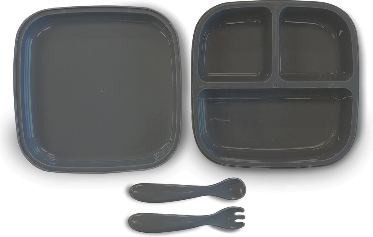 Goedkoopste Deryan Quuby Plate Set Siliconen bord met lepeltjes - Babybord - kinderservies set Grijs