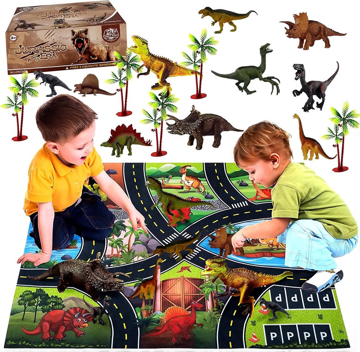 Allerion Dinosaurs Speelmat Set – 30-delig – Speelmat 70 x 80 cm - Inclusief Dinosaurus Speelfiguren en Attributen - Allerion®