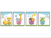 Poster Set 4 Blije Dieren in de Trein - Kinderkamer - Dierenposter - Babykamer / Kinderposter - Babyshower Cadeau - Muurdecoratie - 50x40cm - Postercity