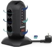 Stekkerdoos met meerdere stopcontacten, stekkertoren, overspanningsbeveiliging met 6 USB-oplaadpoorten, 1,8 m, intrekbare kabel, telefoonhouder, zwart
