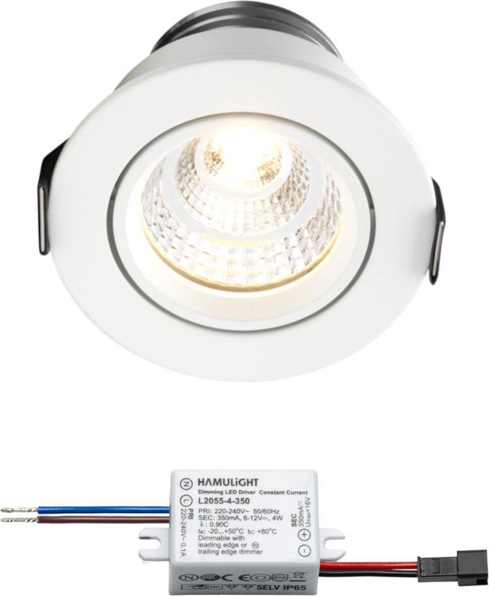 LED inbouwspot Granada wit - inbouwspots - downlights - plafondspots - 4 watt - rond - kantelbaar - dimbaar - 230V - IP54 - warmwit