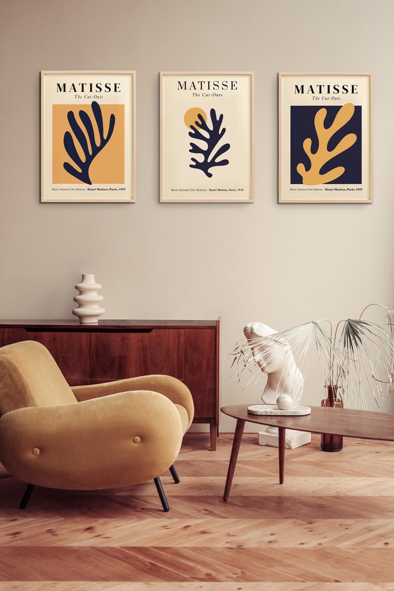 Esque Fotowand Matisse - Abstracte Kunst Prints - Poster Set van 3 - 50x70 cm - Bloemen - Cut Outs - Art Multicolor