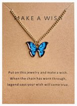 Doe een wens - Vlinder ketting - Goudkleurig, blauw - Inclusief sieraden kaart met tekst - Damesdingetjes