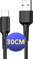 2x Korte USB-C naar USB-A Kabel - Oplaad Snoer - Kort - 30 Centimeter - Nylon Gevlochten - Geschikt voor Android Auto