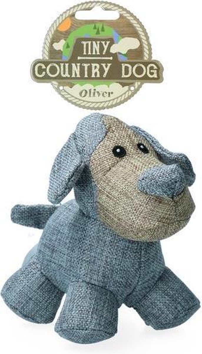 Country Dog Tiny Oliver - Honden speelgoed - Honden speeltje met piepgeluid - Honden knuffel gemaakt van duurzame materialen - Dubbel gestikt - Extra lagen - Voor trek spelletjes of apporteren - Blauw/Grijs - 16x19cm