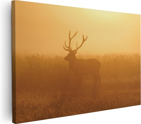 Artaza - Canvas Schilderij - Hert Tijdens De Mist - Foto Op Canvas - Canvas Print