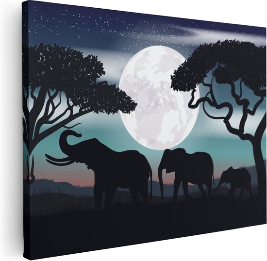 Artaza Canvas Schilderij Olifanten Silhouet Tijdens Volle Maan - 40x30 - Klein - Foto Op Canvas - Canvas Print