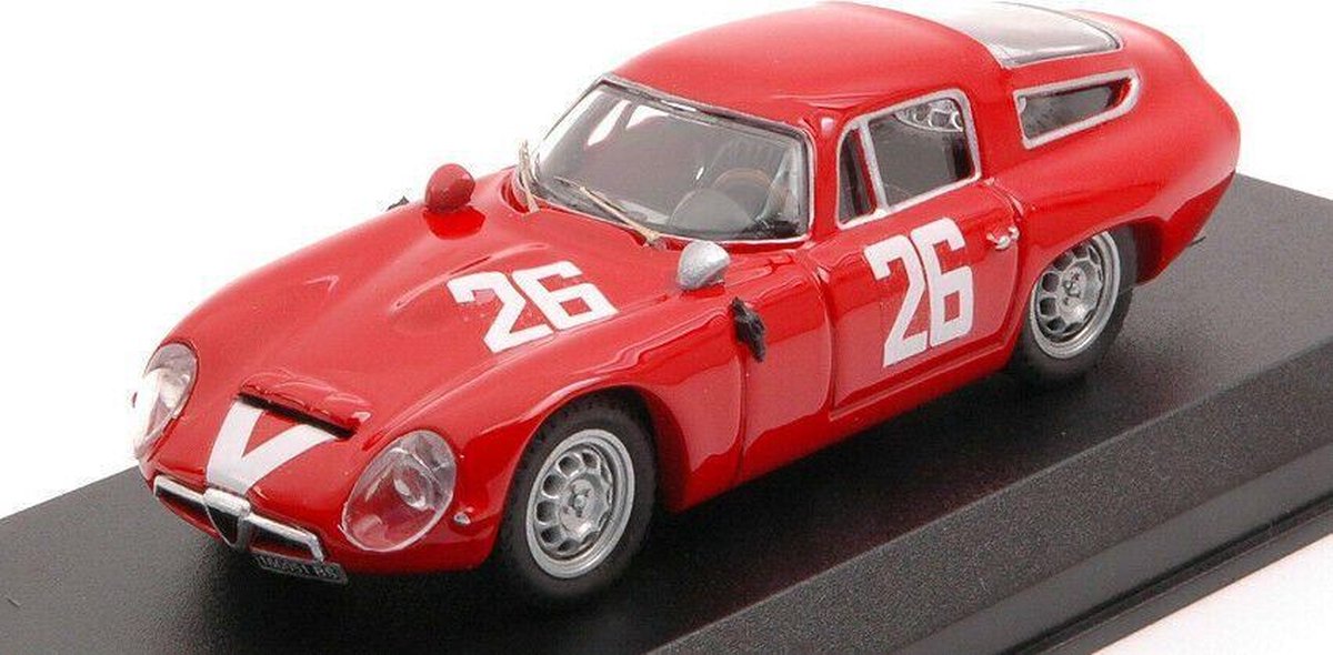 De 1:43 Diecast Modelauto van de Alfa Romeo TZ1 #26 van de Targa Florio van 1965. De rijders waren Pianta en Sala. De fabrikant van het schaalmodel is Best Model. Dit model is alleen online verkrijgbaar