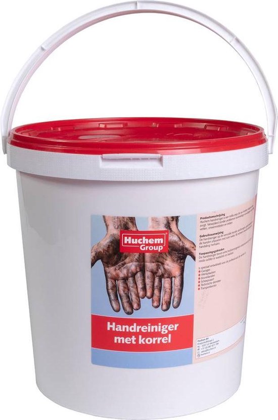Witte emmer met rood deksel en label "Handreiniger met korrel".