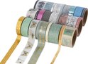 Washi tape rollen met maan, vlinder, tekst, glitter en stempelprints. Kleuren blauw, groen en roze.