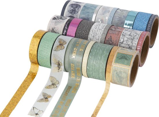 Washi tape rollen met maan, vlinder, tekst, glitter en stempelprints. Kleuren blauw, groen en roze.