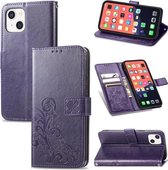Voor iPhone 13 Klavertje Vier Sluiting Reliëf Gesp Mobiele Telefoon Bescherming Lederen Case met Lanyard & Card Slot & Portemonnee & Beugel Functie (Paars)