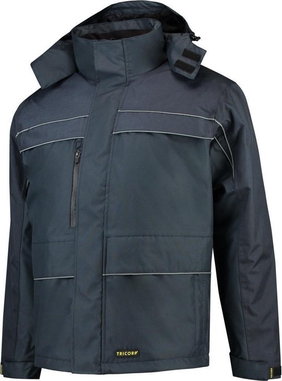 Donkerblauwe Tricorp parka met capuchon, reflecterende horizontale strepen op borsthoogte en taillehoogte.