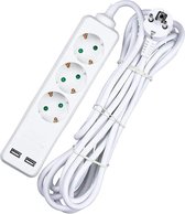 Stekkerdoos 5 meter - Zinaps Multi-Socket met 2 USB- en 3 SCHUKO-aansluitingen, Plug 16 A, type Hybride F + E, MAX. 250 V 3680 W (5 m kabel, wit) (WK 02128)