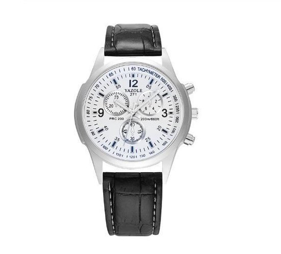 Yazole Luxe Heren horloge met leren zwart polsband (witte wijzerplaat)