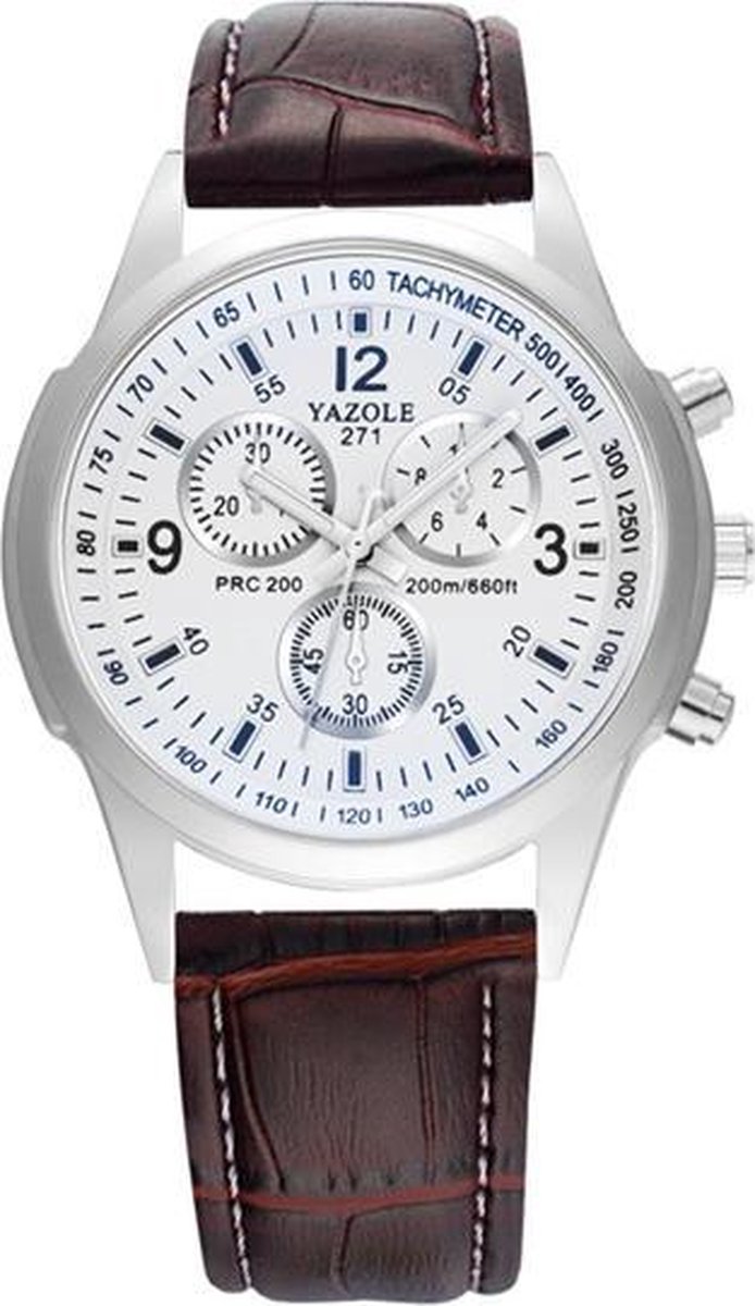 Yazole Luxe Heren horloge - DaVinciWatches - Bruin Lederen Band - Zilverkleurige Kast - Witkleurige Wijzerplaat - Type H - Geleverd met verpakking