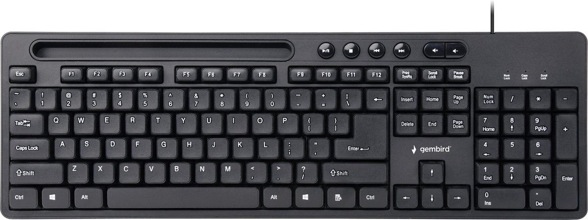 Gembird bedraad USB toetsenbord met 6 multimedia toetsen en smartphone houder - QWERTY (US) / zwart - 1,5 meter