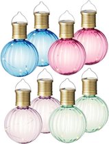 Set van 8x stuks buiten led lichtroze, groene, blauwe en roze lampion solar verlichting 11 cm