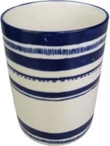 Trendy Mok zonder oor - Beker - Drinkbeker - Blauw / Wit -  Streep - Aardewerk - Ø 7 cm x 10 cm - Maat M - Set van 2