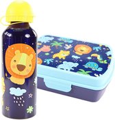 Broodtrommel + drinkfles LEEUW Jungledieren | Lunchbox en aluminium drinkbeker voor kinderen blauw geel | LS23a