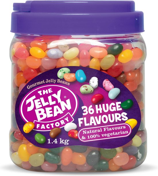 The Jelly Bean Factory snoep in snoeppot gevuld met jelly beans cadeau - verjaardag - 36 verschillende smaken - candy jar 1,4 kg snoepgoed cadeau geven