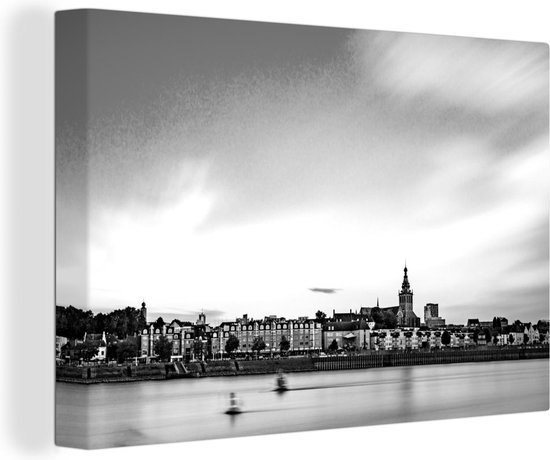 Peintures sur toile - Vue sur le Waal et la ville hollandaise de Nimègue - noir et blanc - 180x120 cm - Décoration murale XXL /