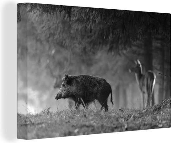 Canvas Schilderij Everzwijn en herten aan de rand van een bos - zwart wit - 60x40 cm - Wanddecoratie