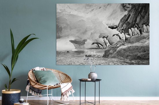 Tableau sur toile Pingouins en Antarctique plongeant dans l'eau - noir et blanc - 150x100 cm - Décoration murale