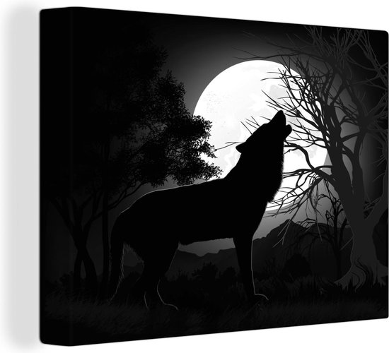 Canvas Schilderij Een illustratie van een huilende wolf - zwart wit - 120x90 cm - Wanddecoratie